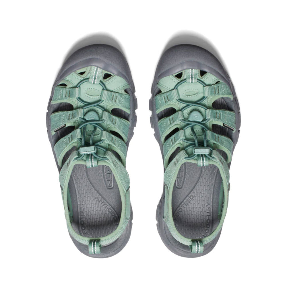 A pair of KEEN NEWPORT H2 GRANITE GREEN - WOMENS sandals viewed from above, featuring multiple adjustable straps and a contoured footbed.