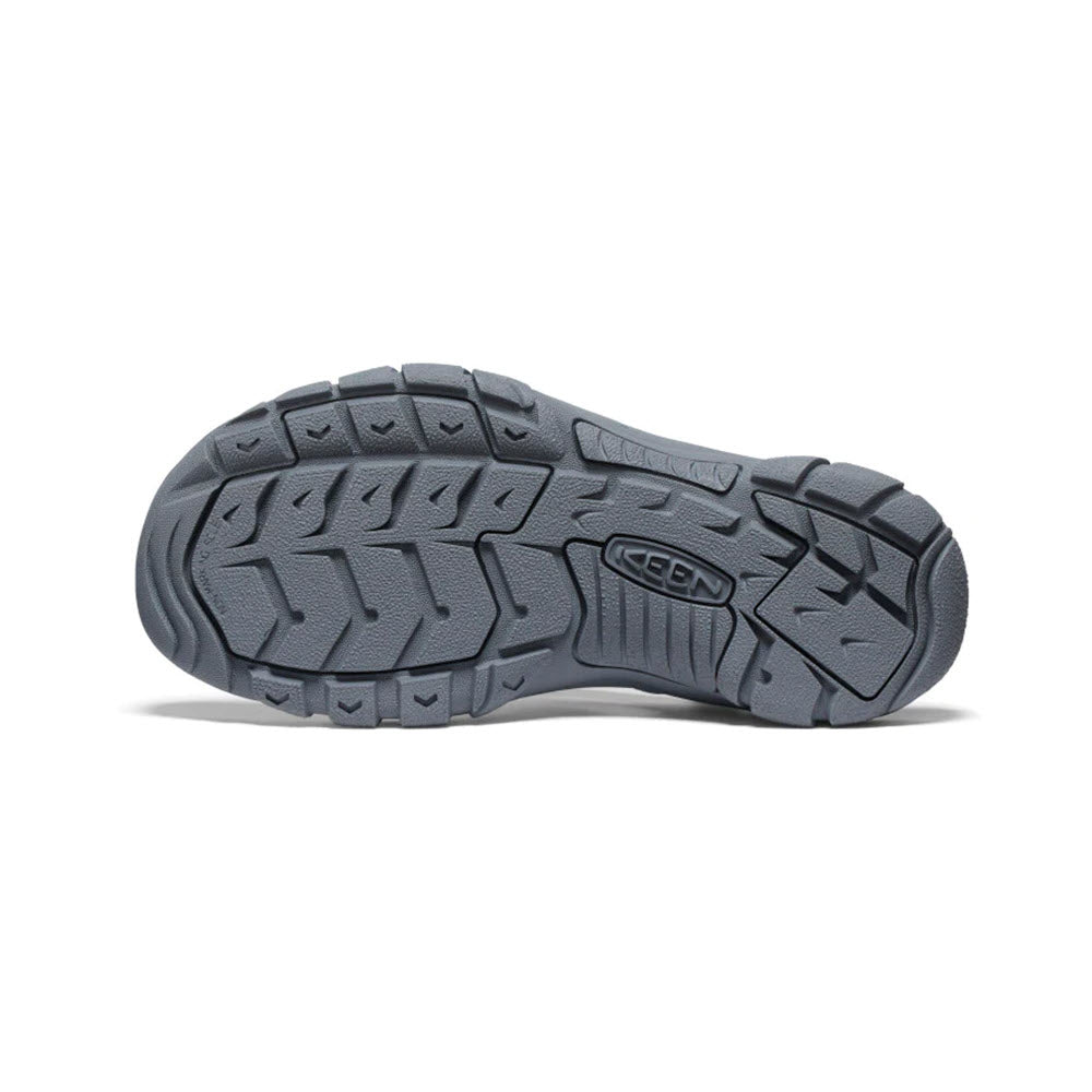 Sole of a gray Keen Newport H2 Granite Green sandal showing tread pattern and brand logo.