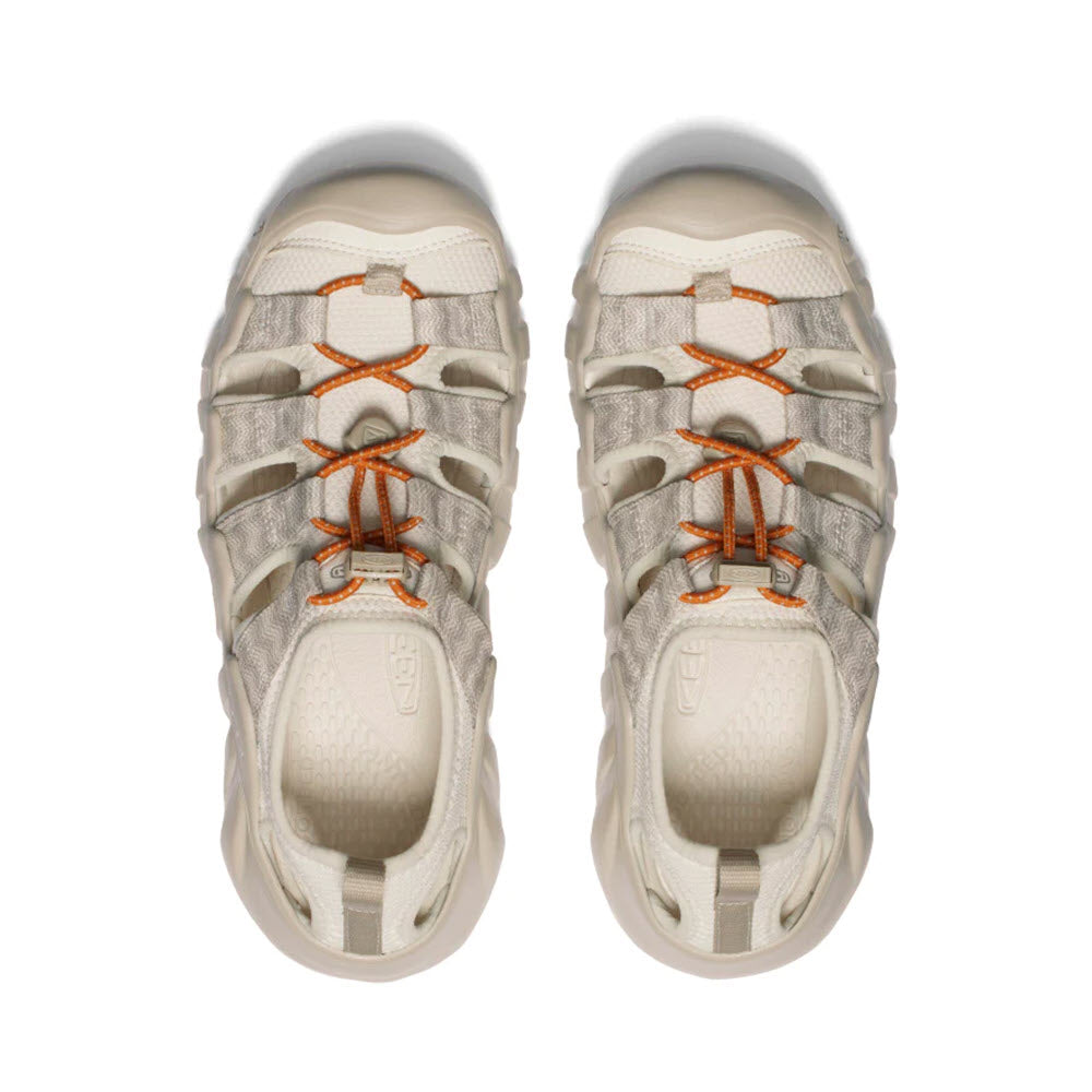 A pair of Keen Hyperport H2 Birch/Plaza Taupe sneakers with orange laces, featuring maximal cushioning, viewed from above.