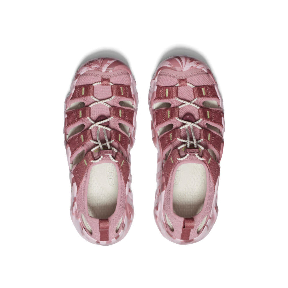 A pair of Keen Hyperport H2 Nostalgia Rose sandals with adjustable straps and maximal cushioning, viewed from above, isolated on a white background.