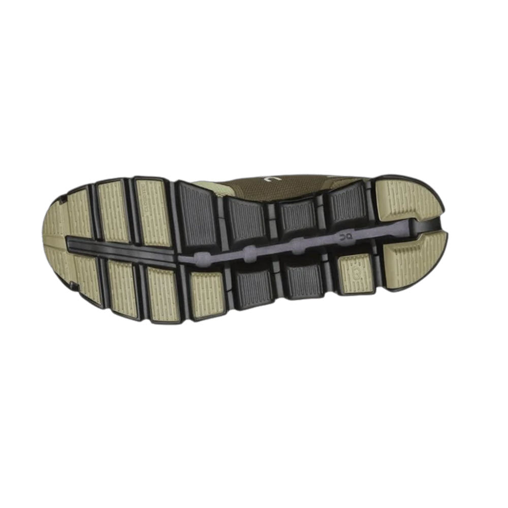 Sole of a hiking boot featuring CloudTec technology, displaying deep treads and a beige and black color scheme by On Running with the ON CLOUD 5 GROVE/HAZE - MENS.