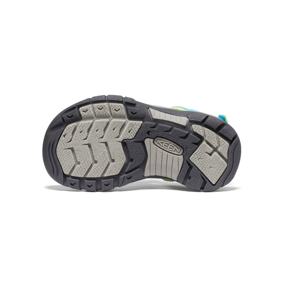 Sole of a gray Keen Newport Boundless Child Blue Atoll kids&#39; adventure sandal with detailed tread pattern and brand logo.