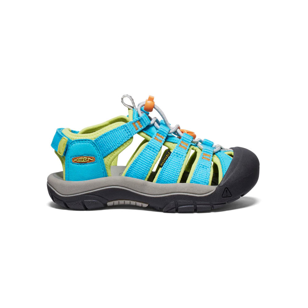A single Keen Newport Boundless Child Blue Atoll sandal with visible logo, featuring blue and green nylon straps, an adjustable heel strap, and a grey sole on a white background.