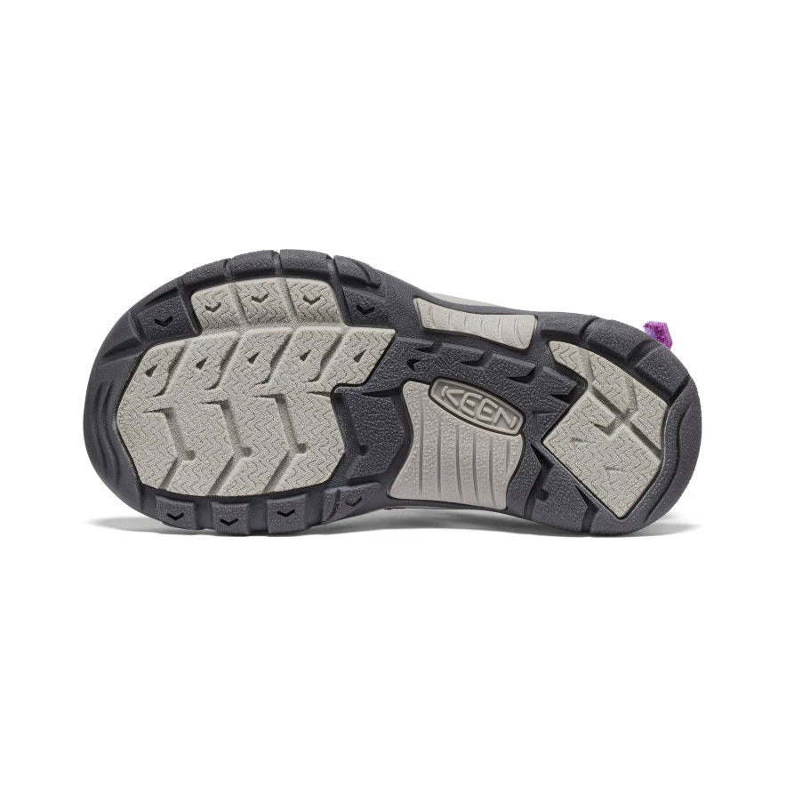 Sole of a Keen Newport Boundless Youth Legion Blue - Kids hiking shoe displaying a complex tread pattern and brand logo, with an adjustable heel strap.