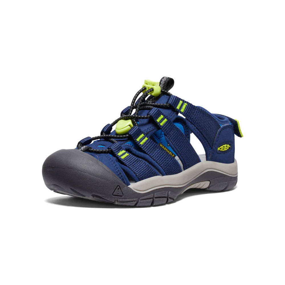 Blue and gray Keen Newport Boundless Youth Naval Academy adventure sandal with bungee lacing and an adjustable heel strap on a white background.