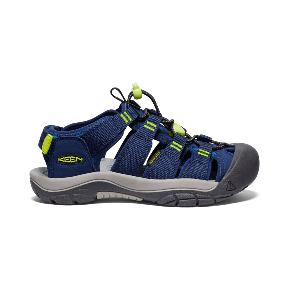 A single blue and grey Keen Newport Boundless Youth Naval Academy kids&#39; adventure sandal with bungee lace closure and rubber sole, displayed against a white background.