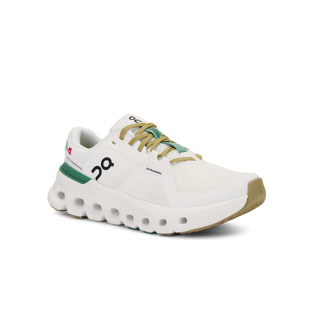 White and beige sneaker with green and red accents, featuring chunky soles and cushioning, complete with lace-up closure: On Running Cloudrunner 2 Undyed/Green - Womens.