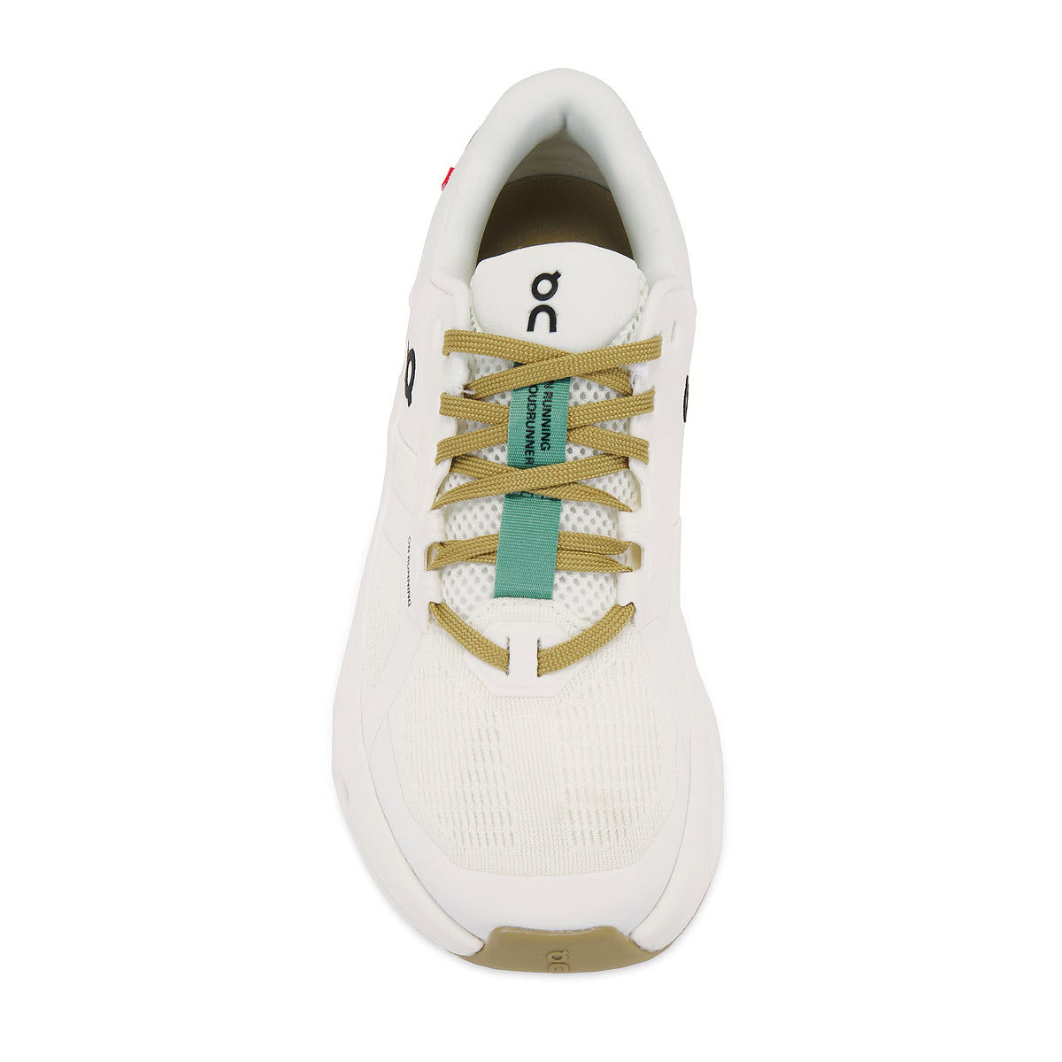 Top view of a white and beige ON CLOUDRUNNER 2 UNDYED/GREEN - WOMENS sneaker with green and brown laces, featuring a fabric upper, cushioned support, and rubber sole from On Running.