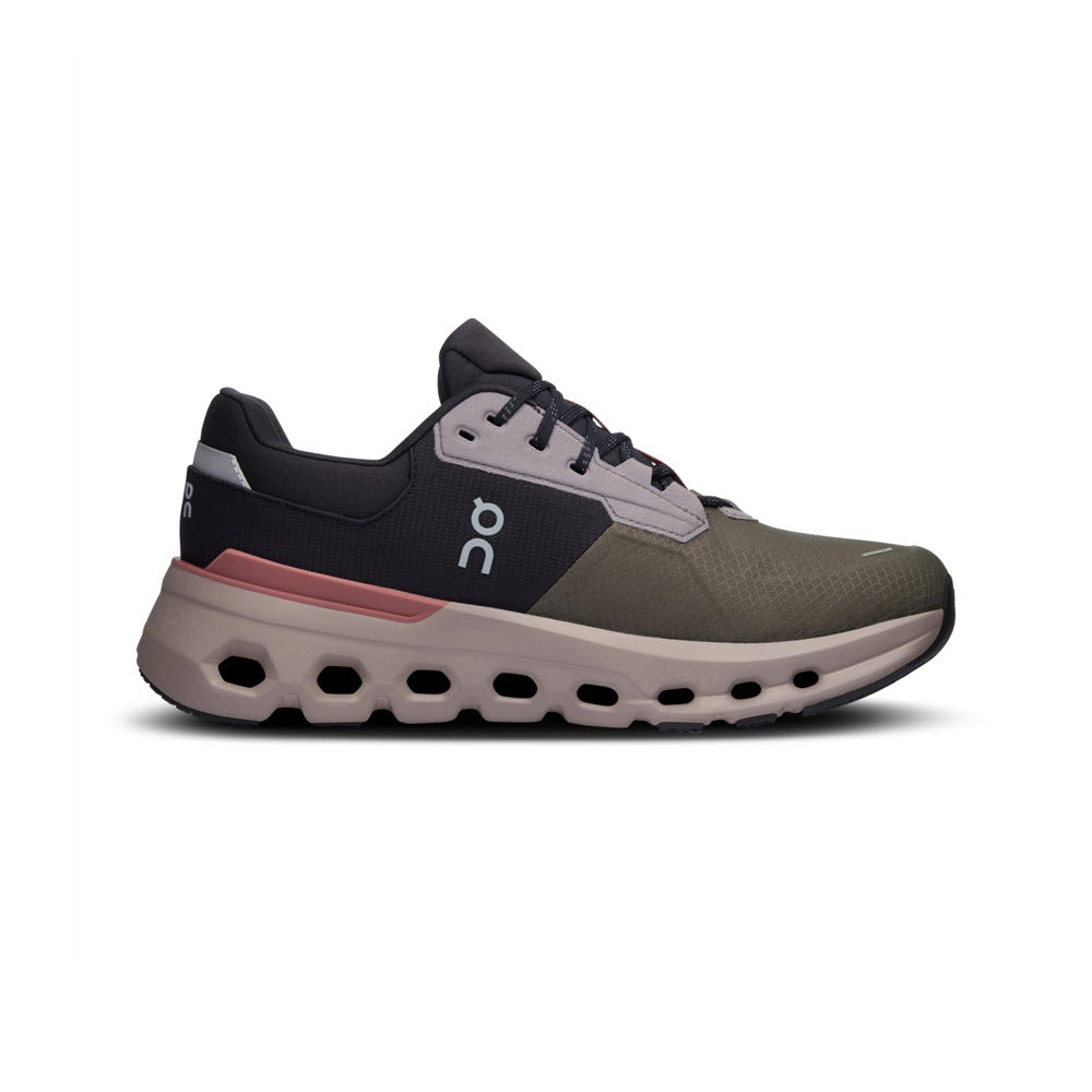 A single sneaker featuring a modern design with gray, black, and subtle pink accents, CloudTec cushioning, and a thick, uniquely patterned sole - On Running's ON CLOUDRUNNER 2 WATERPROOF OLIVE/MAHOGANY.