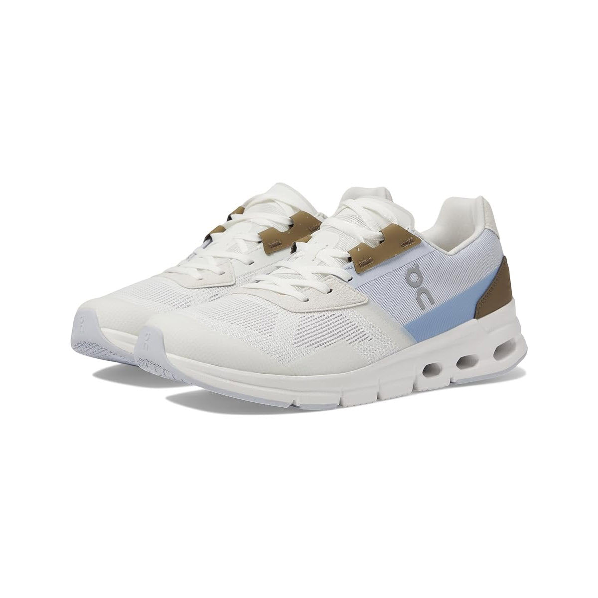 A pair of ON CLOUDRIFT IVORY/HEATHER athletic shoes with a modern design and brown accents, displayed on a white background by On Running.