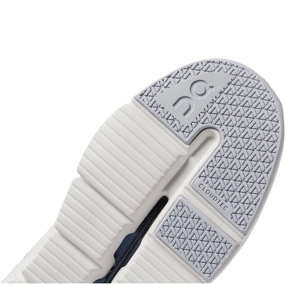 Close-up of the sole of a white athletic shoe, featuring textured patterns and the label &quot;ON Running Cloudrift.