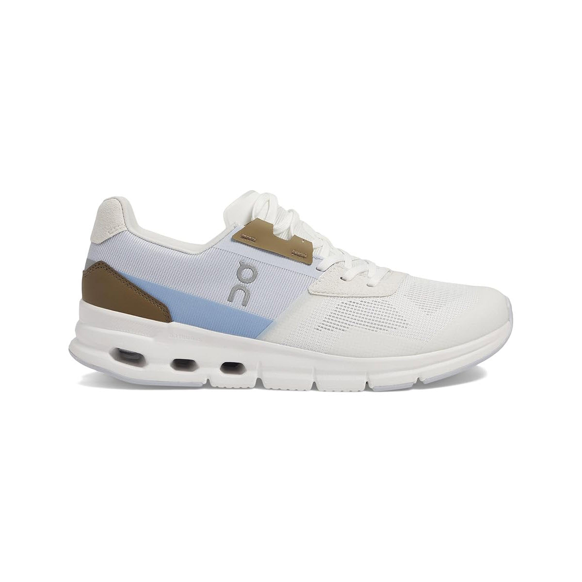 A white On Running Cloudrift IVORY/HEATHER athletic shoe with blue and tan accents, featuring a lace-up closure and cushioned soles.