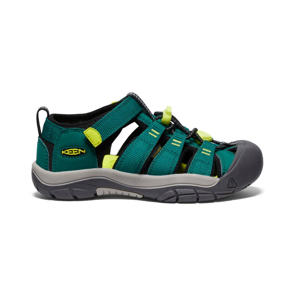 Green and black Keen Newport H2 Child Adventurine sandal with protective toe cap and adjustable straps on a white background.