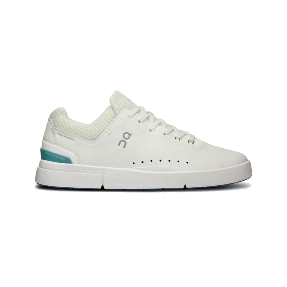 Side view of an On Running white sneaker with minimalist design, featuring small ventilation holes, foot support, and a turquoise accent on the heel.