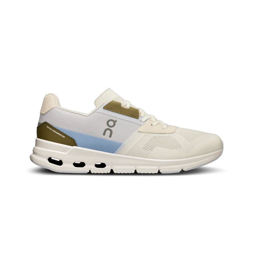 A single white On Running Cloudrift IVORY/HEATHER sneaker with olive and sky blue accents, viewed from the side on a white background.