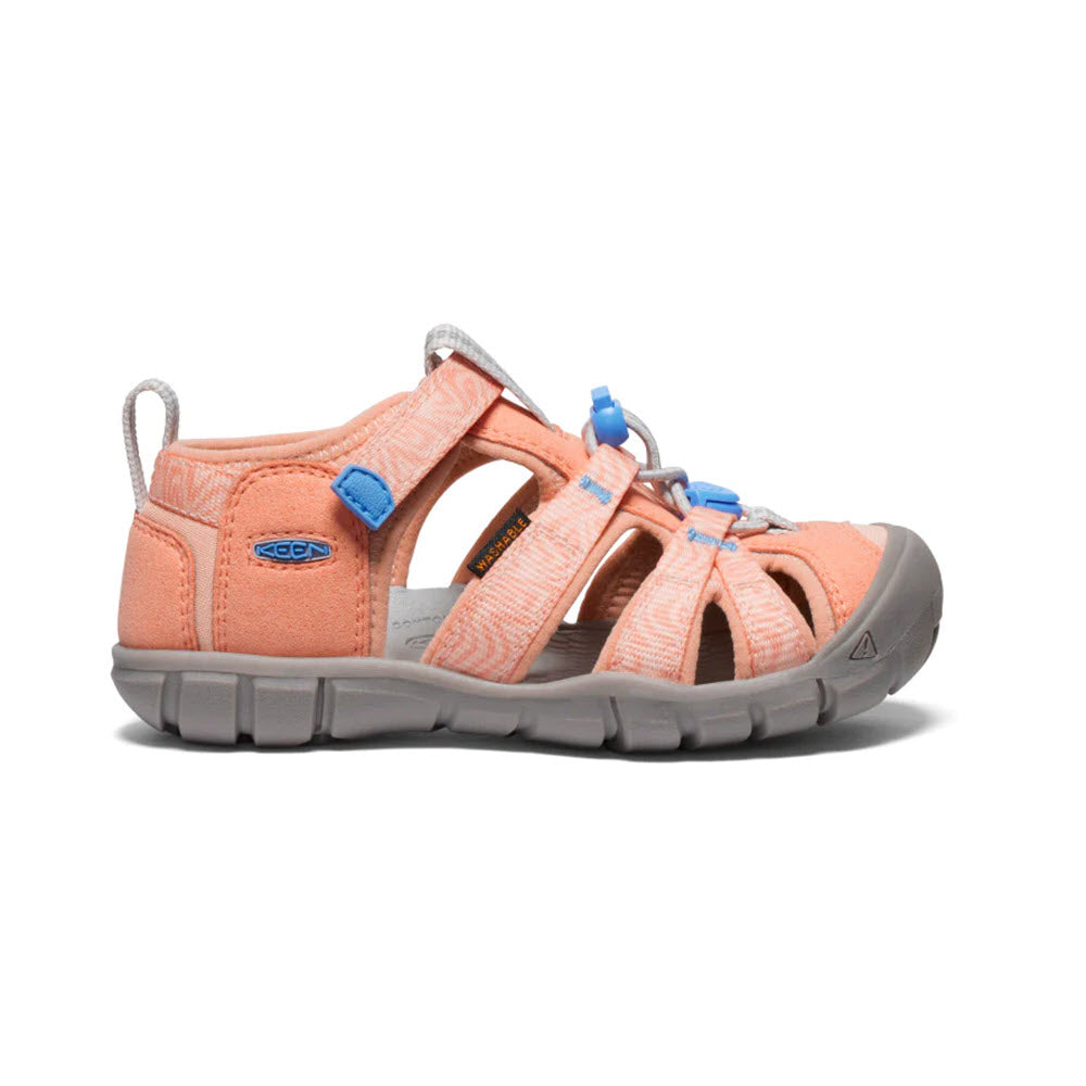 A pair of pink and blue Keen Seacamp II CNX Child Papaya Punch kids hybrid water sandals with a closed toe design and velcro straps, displayed on a white background.