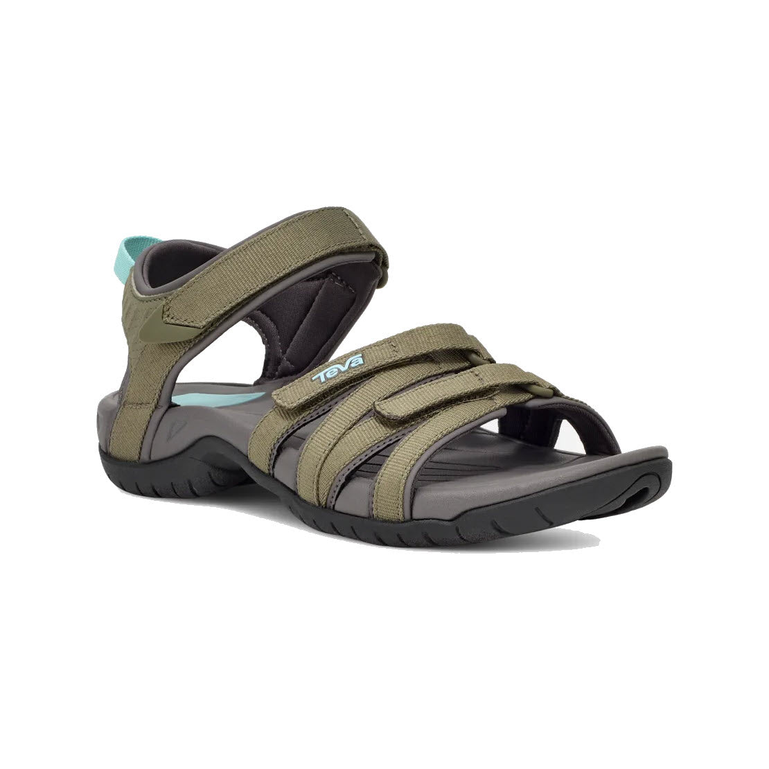 A pair of olive green women&#39;s Teva Tirra sandals with multiple adjustable straps and a black and teal sole, displayed on a white background.