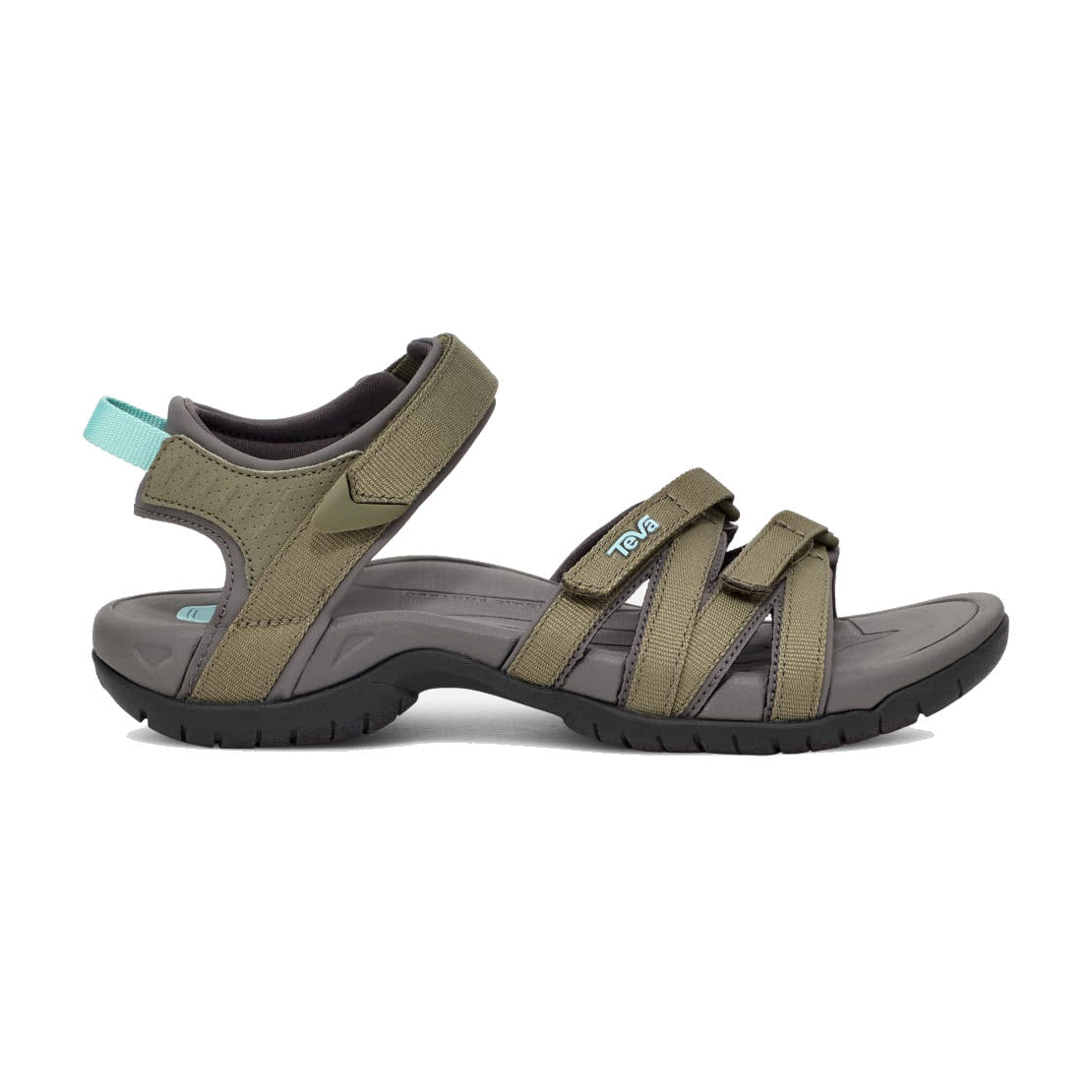 A pair of burnt olive women&#39;s Teva Tirra sandals with adjustable straps and a black sole, shown against a white background.