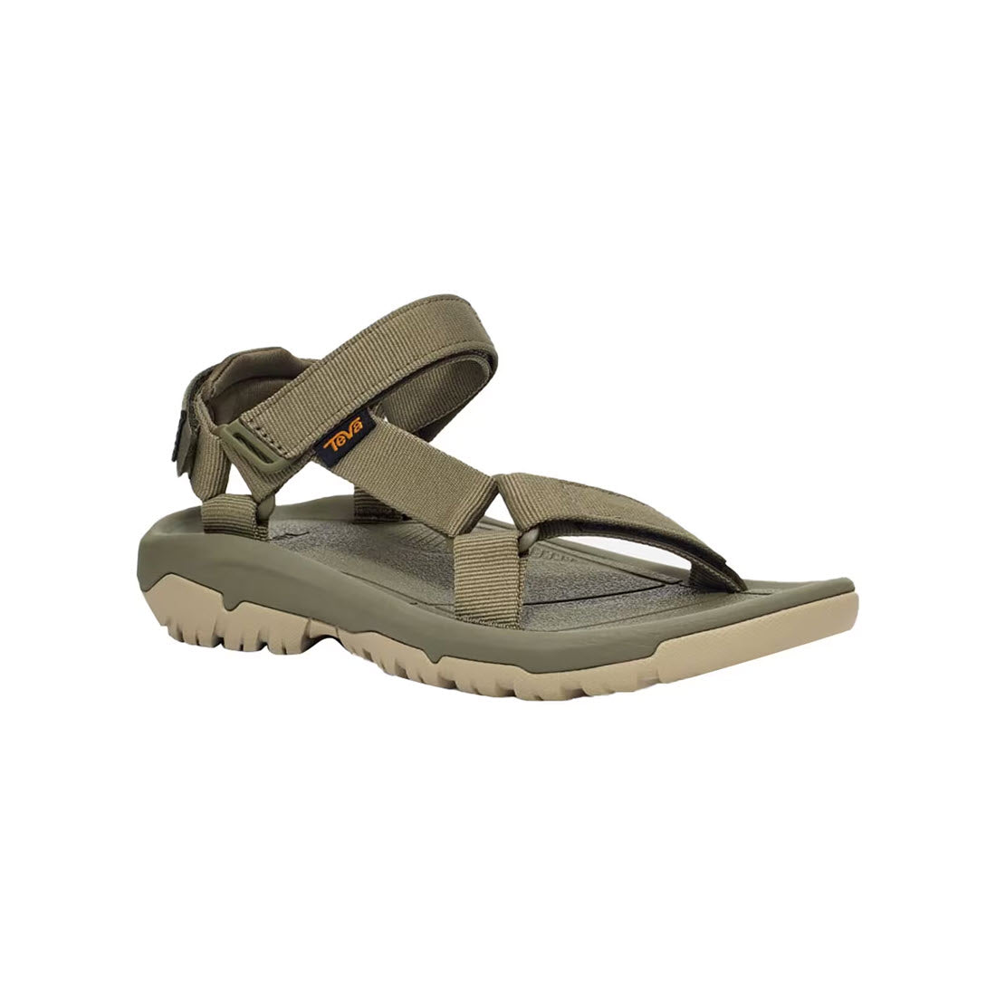 Olive green Teva Hurricane XLT2 sports sandal with adjustable straps, thick sole, and a branded label on the strap, isolated on a white background.