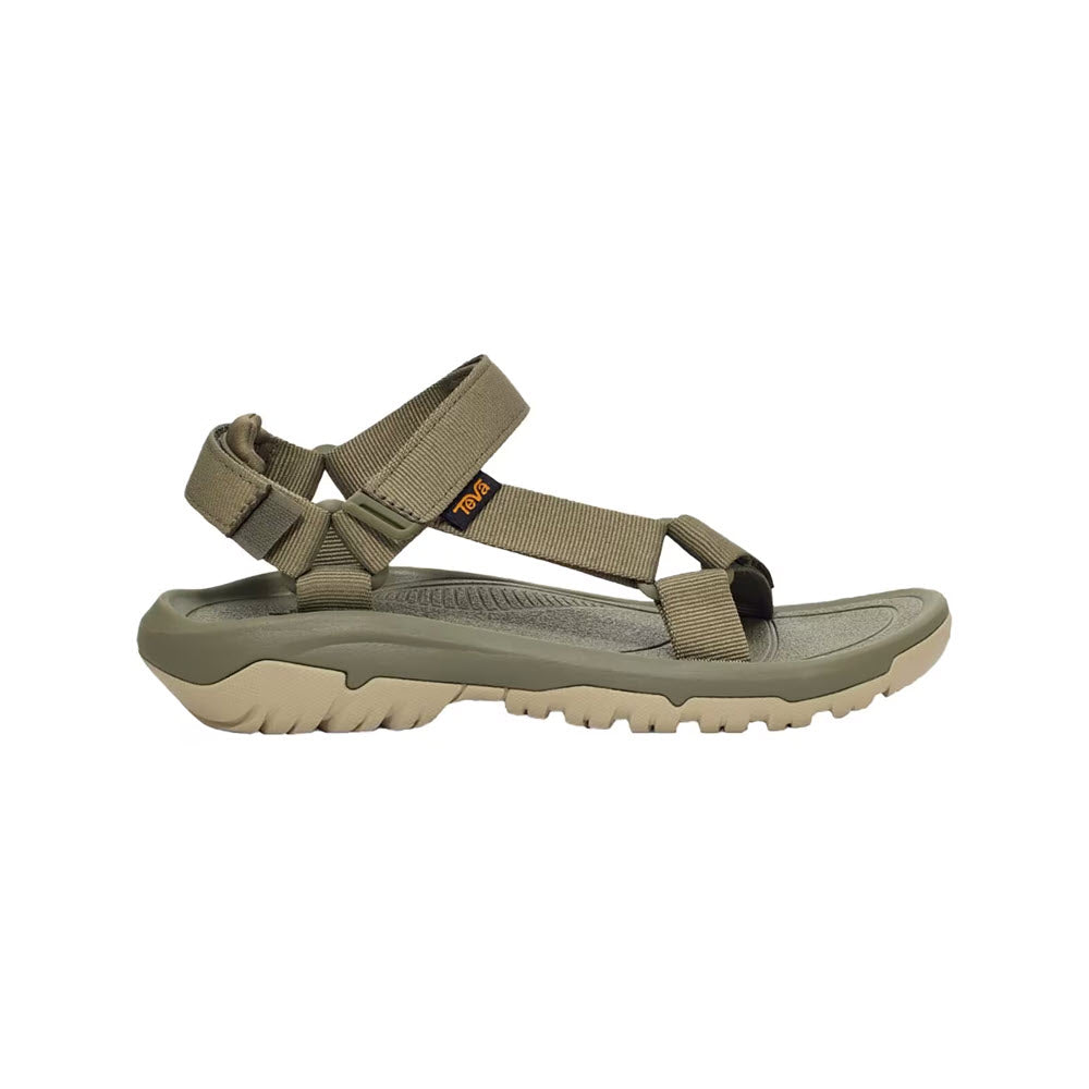 A side view of a single burnt olive Teva HURRICANE XLT2 sport sandal with adjustable straps and grippy traction.