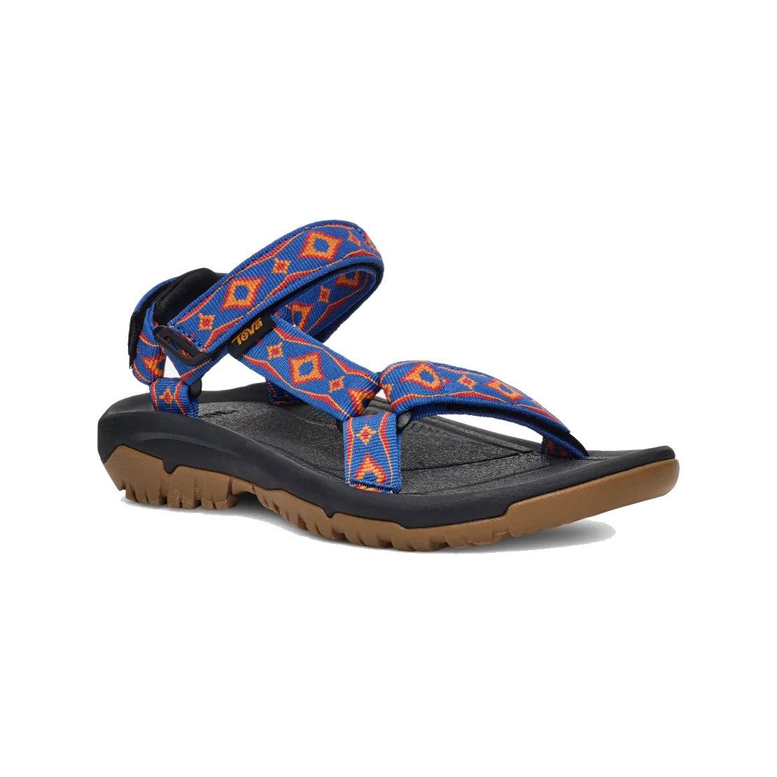A single Teva TEVA HURRICANE XLT2 90S ARCHIVAL REVIVAL - WOMENS sandal with blue and orange heritage strap designs and a black footbed on a white background.