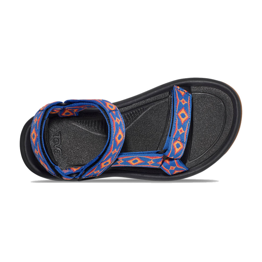 A single Teva TEVA HURRICANE XLT2 90S ARCHIVAL REVIVAL - WOMENS sport sandal with blue and orange heritage strap designs on a white background.