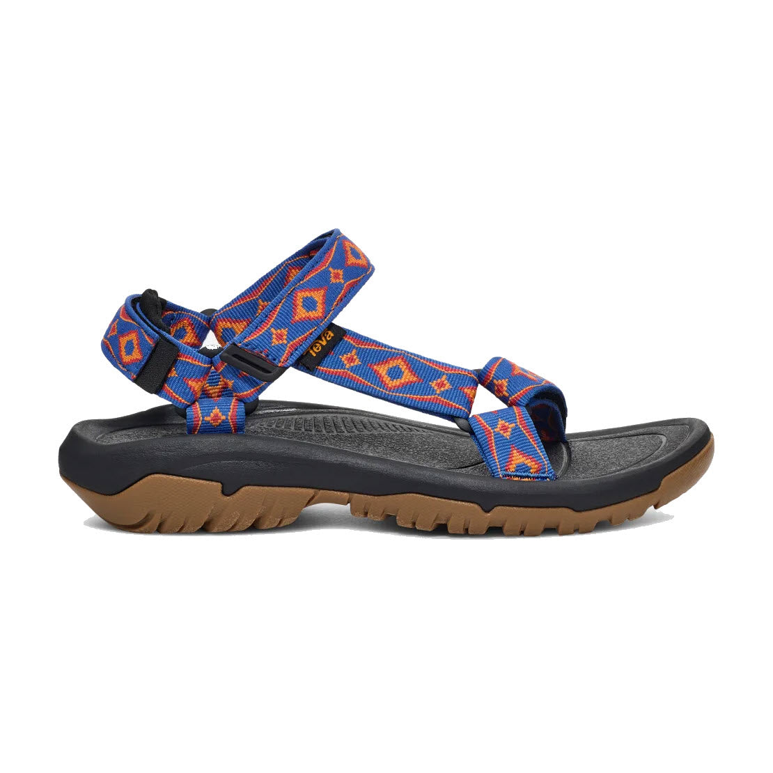 A single Teva TEVA HURRICANE XLT2 90S ARCHIVAL REVIVAL - WOMENS sport sandal with blue and orange heritage strap designs, featuring a black footbed and a brown rubber sole, displayed on a white background.