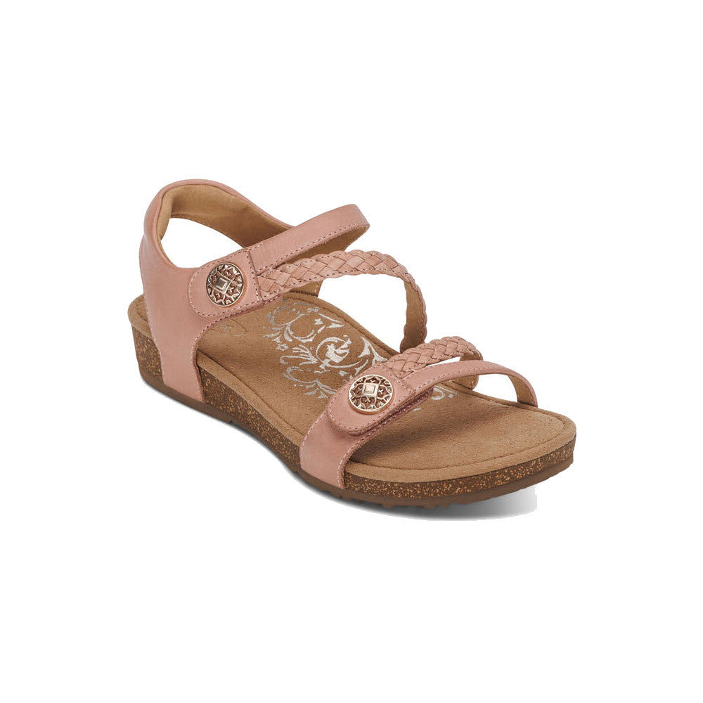 Pink quarter strap sandal with floral embossing and circular metal accents on a white background, such as the Aetrex Jillian Rose - Womens.