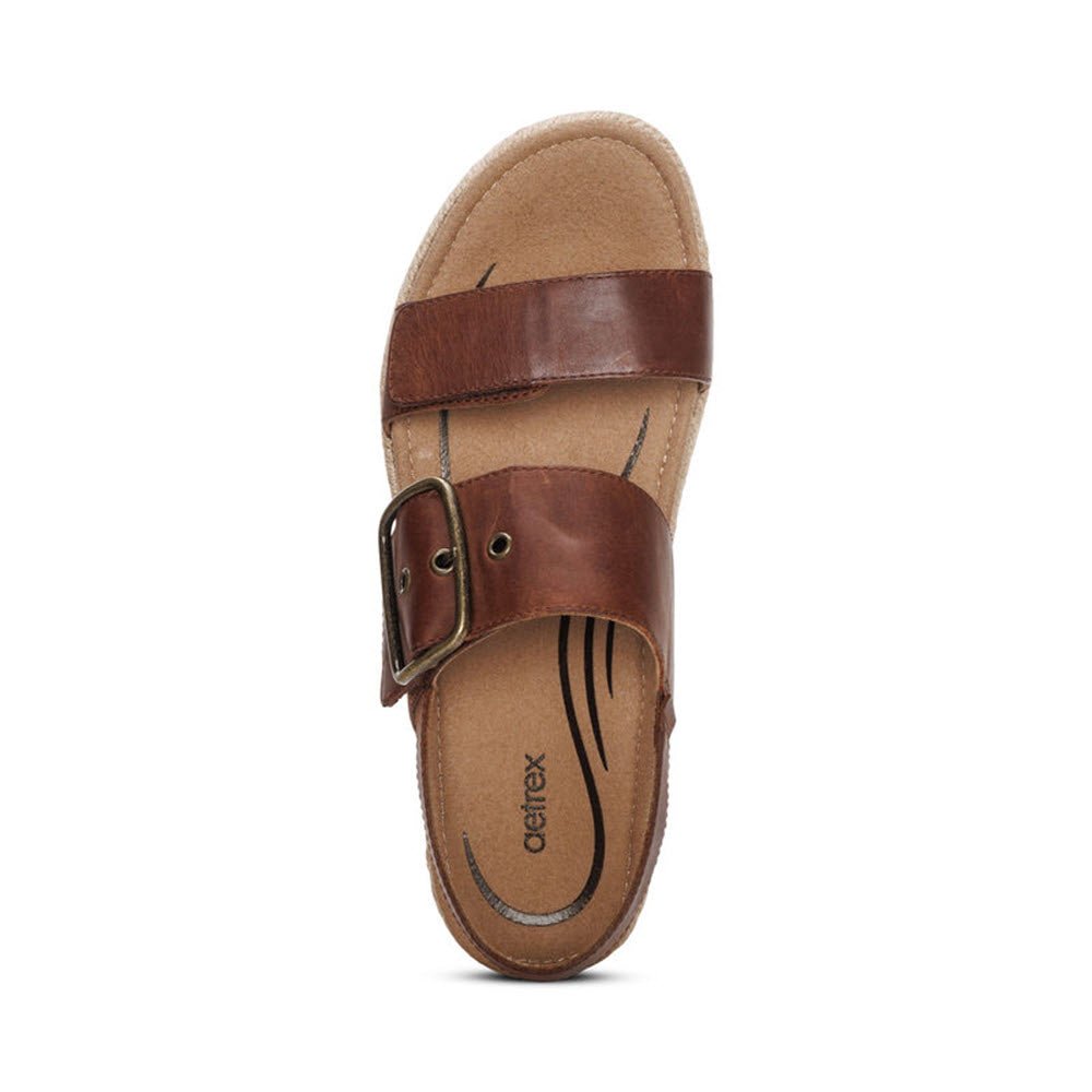 Aetrex Vania Walnut - Women&#39;s genuine leather sandal with a single buckle, displayed against a white background.