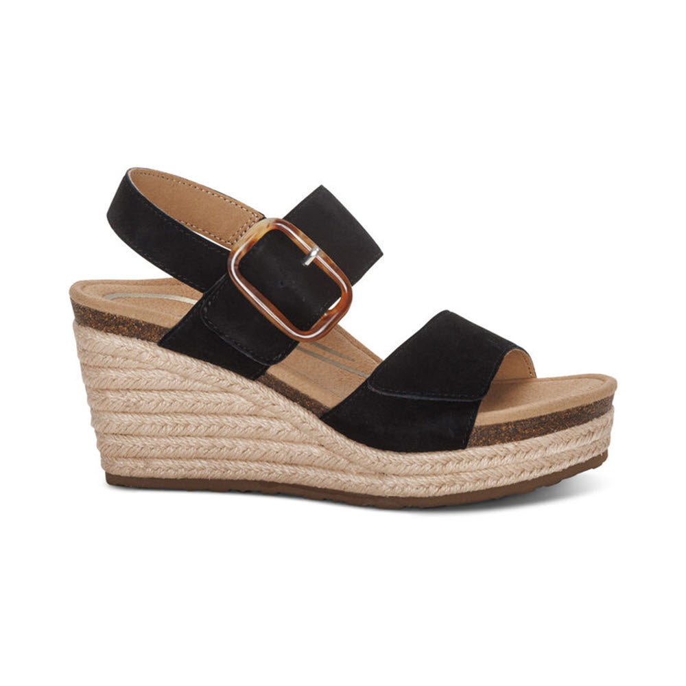 Aetrex Ashley Black suede wedge sandal with two straps, a buckle, and a braided espadrille platform featuring a memory foam footbed.