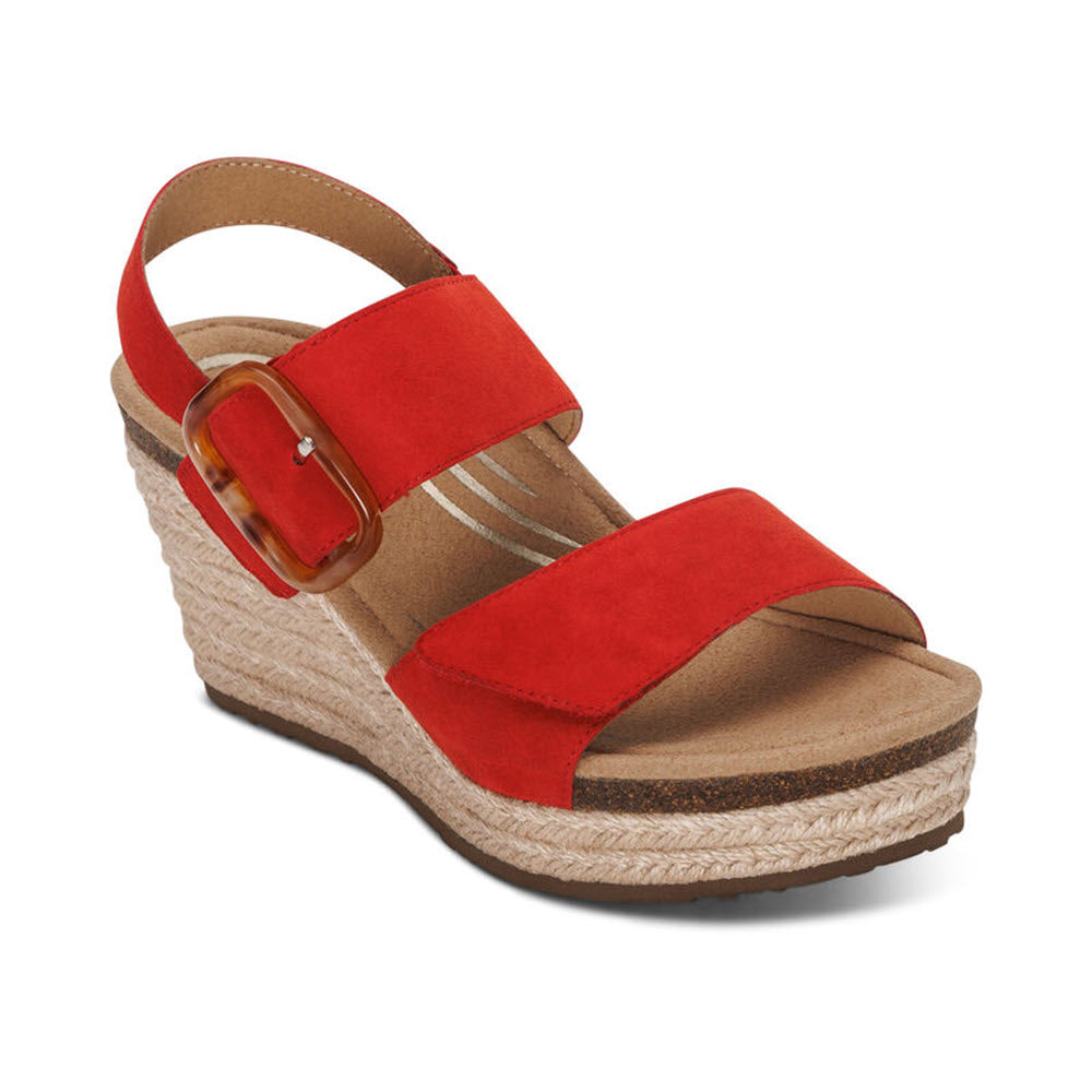 Aetrex Ashley Poppy - Womens genuine leather wedge sandal with an ankle strap and a buckle, set on a layered espadrille and cork sole.