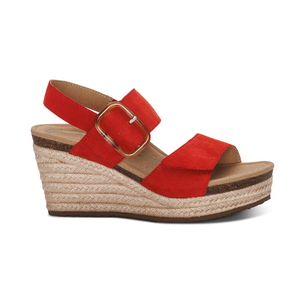 Aetrex Ashley Poppy - Womens genuine leather wedge sandal with an espadrille platform and a buckle closure, isolated on a white background.