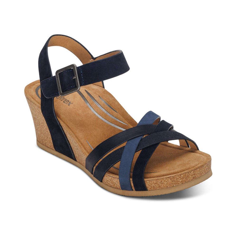 Aetrex Noelle Navy - Womens strappy wedge sandal with a cork heel and adjustable hook &amp; loop closure on a white background.