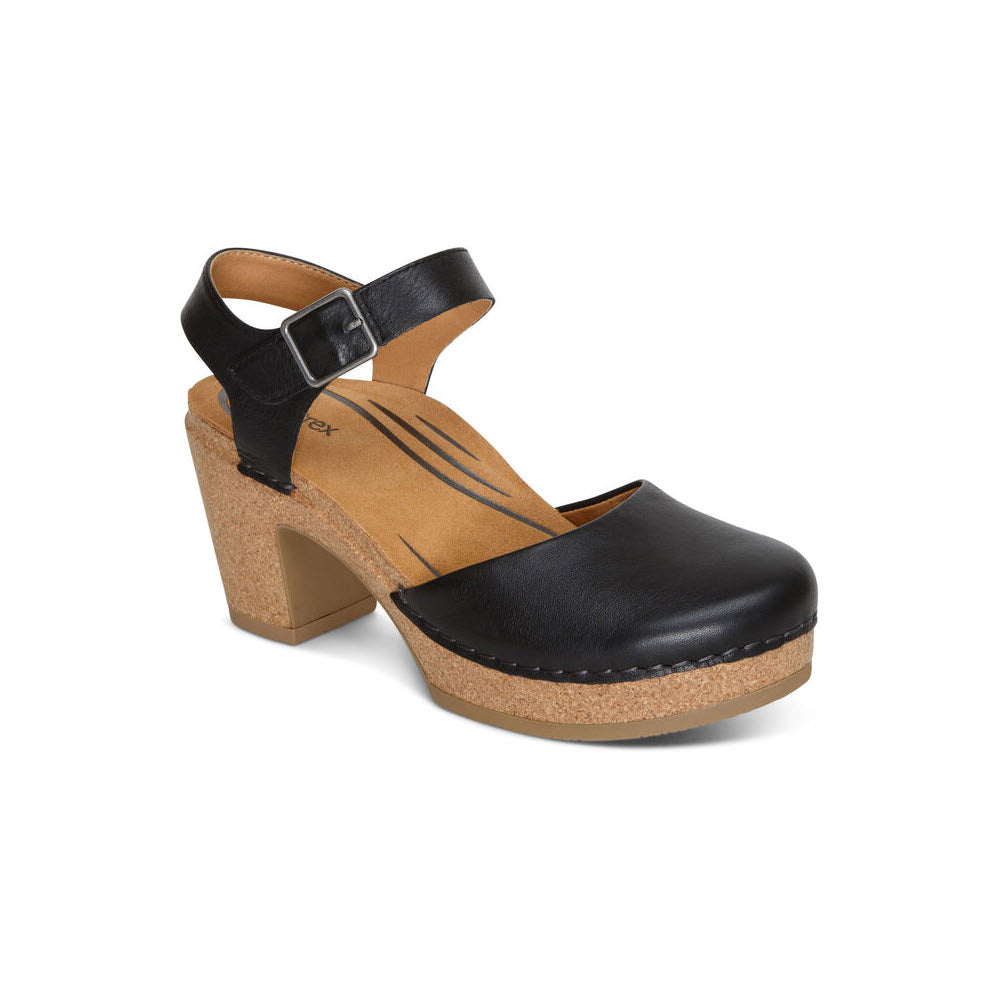 A Aetrex Finley Black - Womens clog with an ankle strap, memory foam cushioning, and decorative stitching, isolated on a white background.