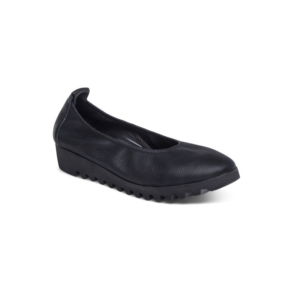 Aetrex Brianna black leather wedge shoe with arch support and treads on a white background.
