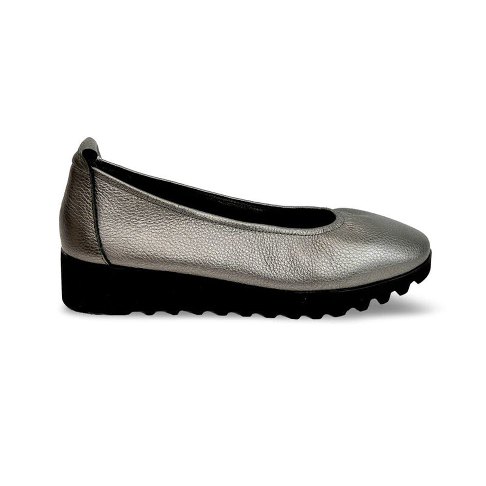 A single Aetrex Brianna Pewter ballet flat with arch support and a black rubber sole on a white background.