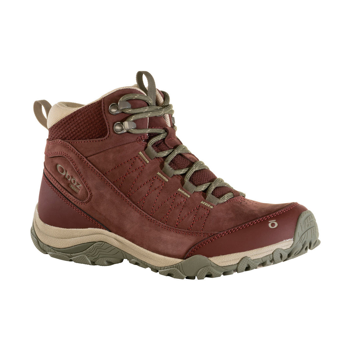 Red waterproof Oboz Ousel Mid hiking boot with gray accents, featuring lace-up closures and a high ankle design, displayed against a white background.