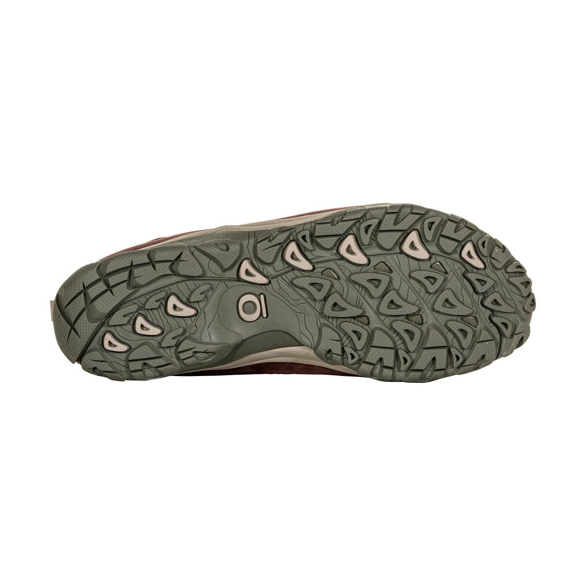 Sole of a waterproof OBOZ OUSEL MID B-DRY PORT shoe with intricate triangular and line patterns in shades of olive and brown.