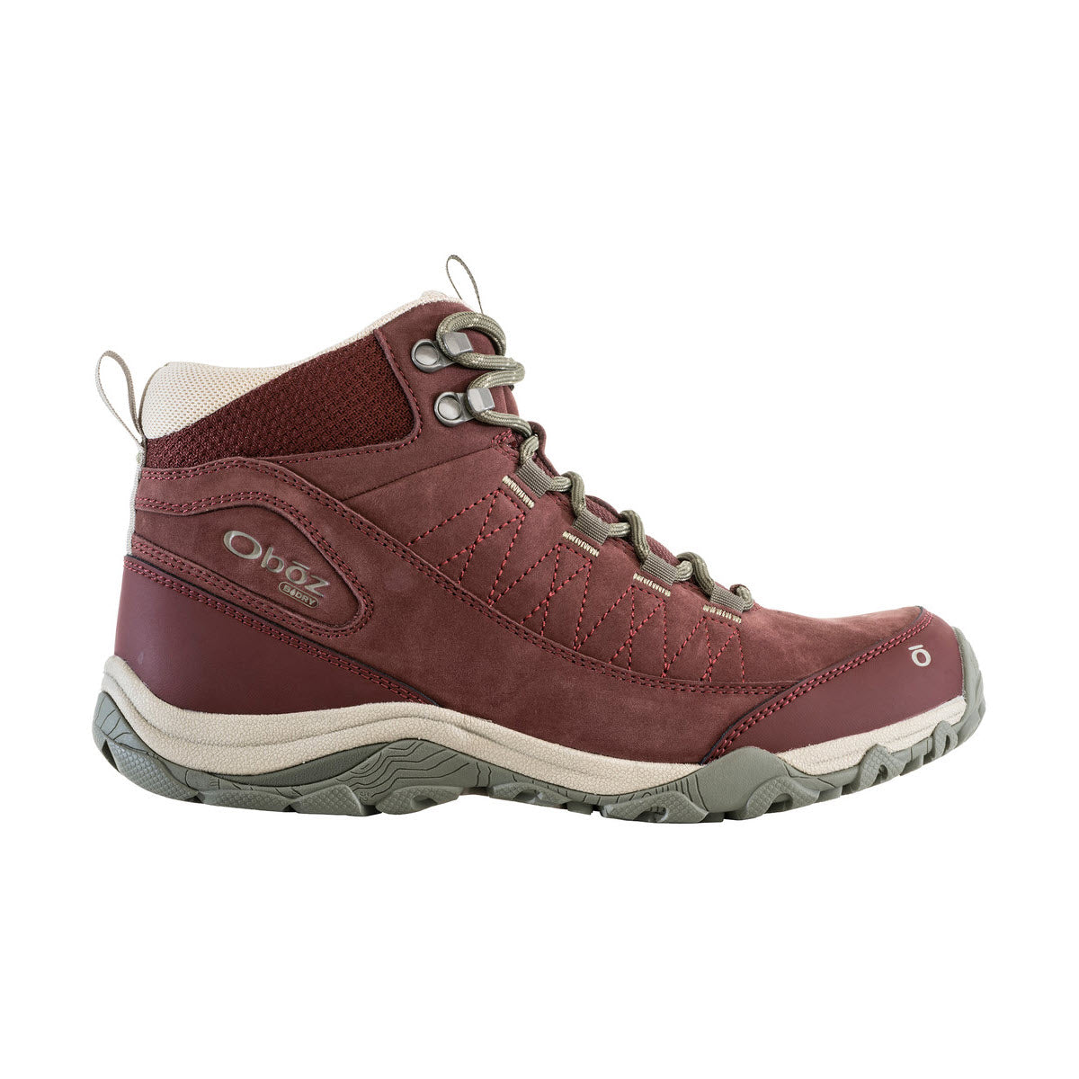 A maroon hiking boot with gray accents, visible laces, and a rugged sole, shown in a side profile view against a white background. The boot has the Oboz logo on the side.
