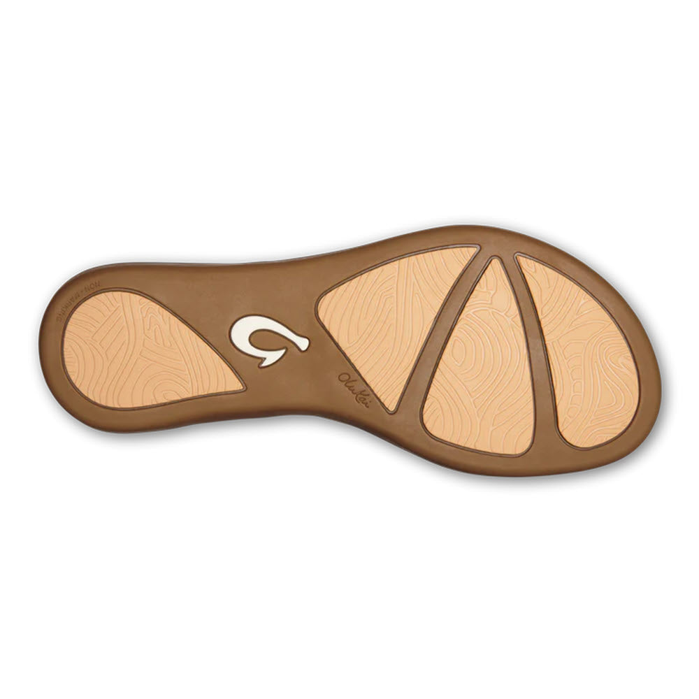 A brown orthotic shoe insole with three cushioned sections and a logo on the heel, featuring a leather footbed, displayed on a white background.
Product Name: Olukai Honu Bright White - Womens
Brand Name: Olukai