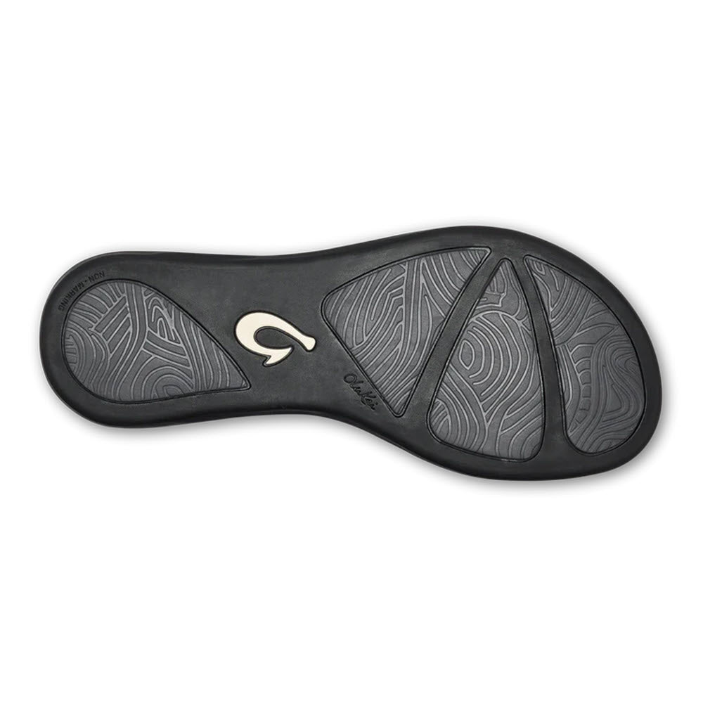 A black orthotic shoe insert with laser-etched heel and forefoot pads, featuring a centered logo resembling a stylized &quot;Q&quot; - Olukai Honu Black - Womens.