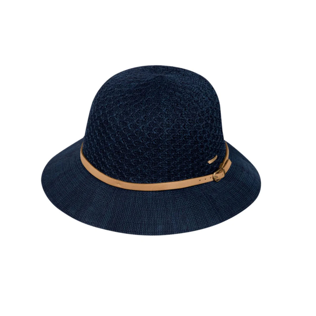 Kooringal navy blue polyester knit bucket hat with a light brown leather band isolated on a white background.