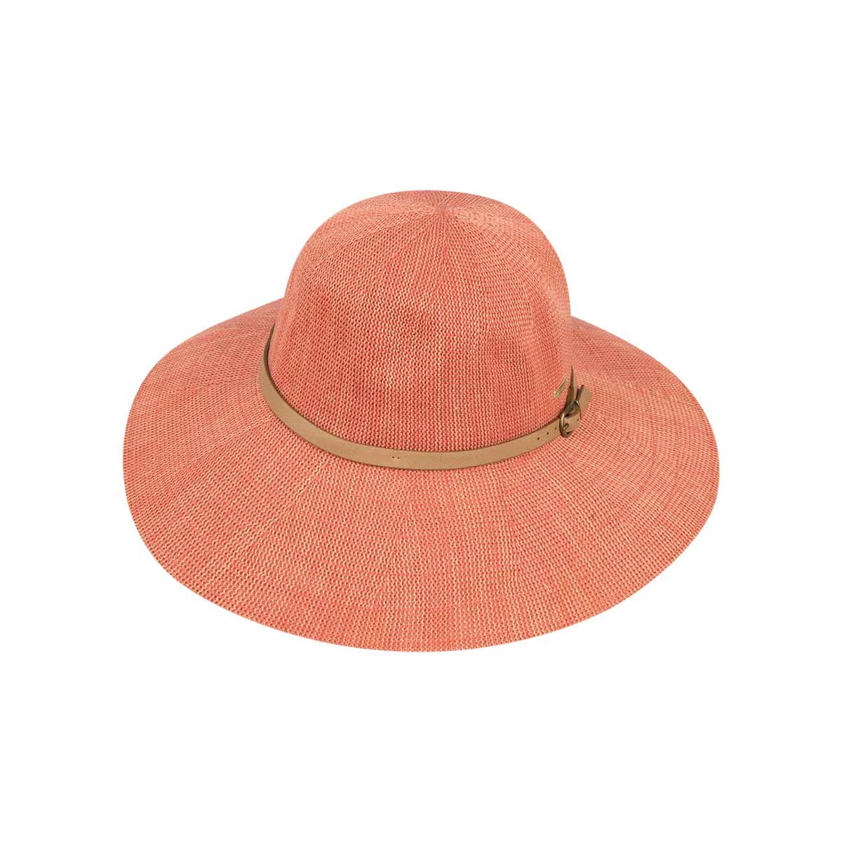 A KOORINGAL LESLIE WIDE BRIM MELON sun hat with a rounded crown and a narrow tan leather band, isolated on a white background.