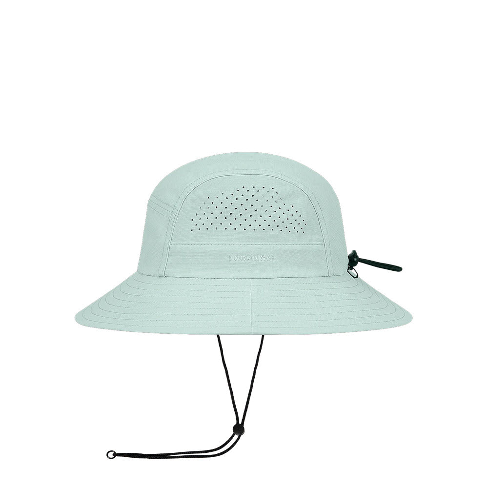 Kooringal Woodleigh Boonie Sage bucket hat with ventilation holes and adjustable black chin strap, isolated on a white background.