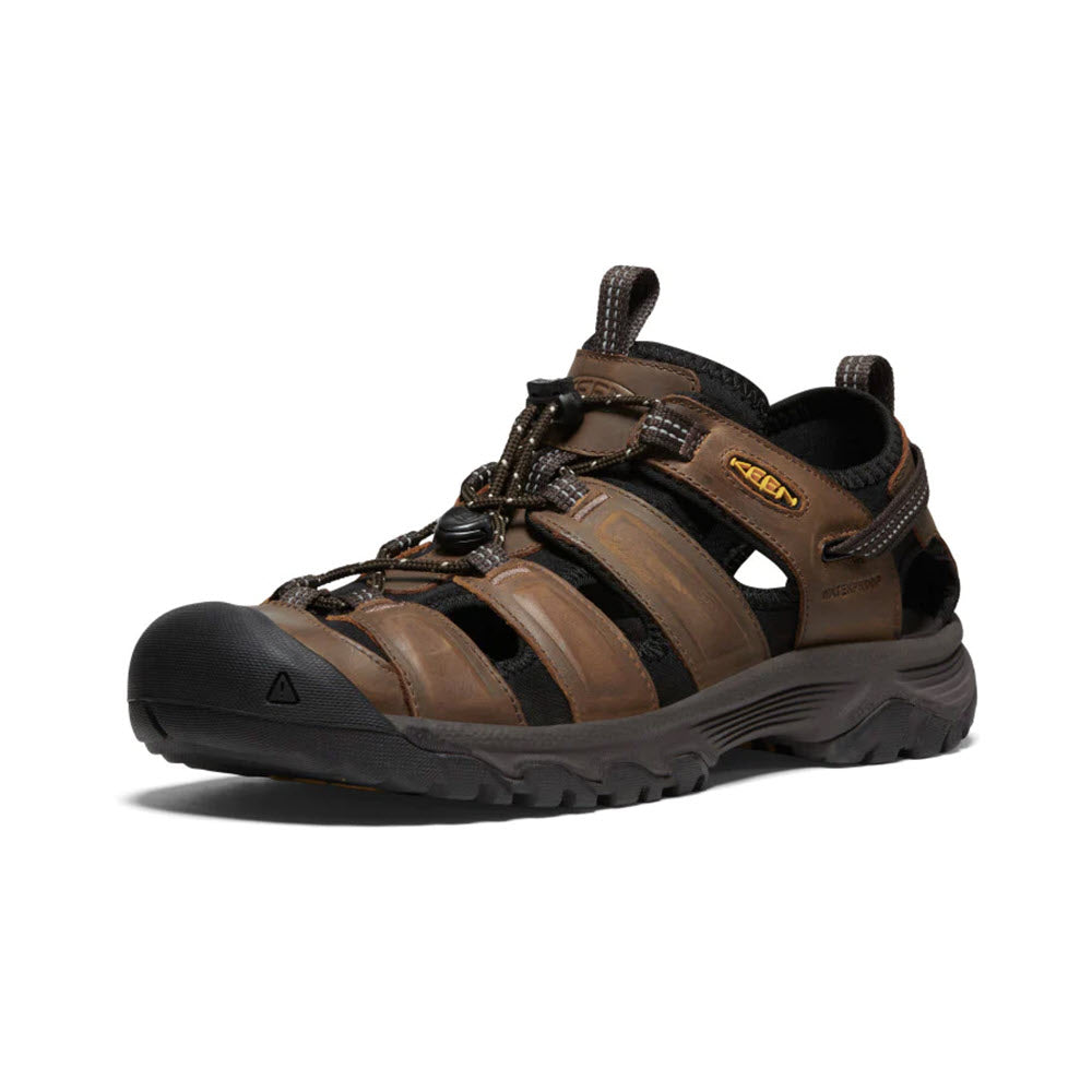 A rugged brown Keen Targhee III sandal with a closed-toe design, bungee laces, and a black sole on a white background.