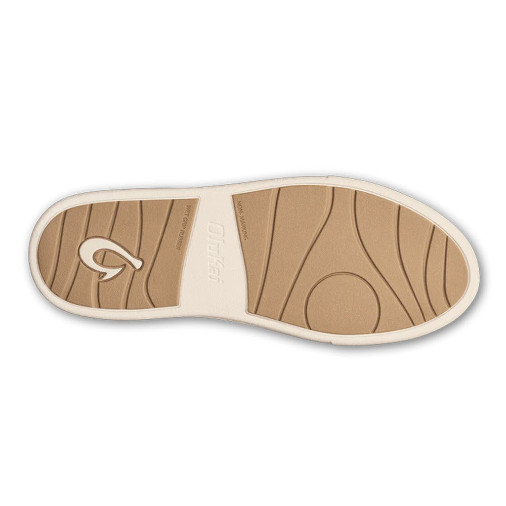 Sole of Olukai Kilea Off White Bamboo sneaker with a circular pattern and embedded logo, viewed from above on a white background.