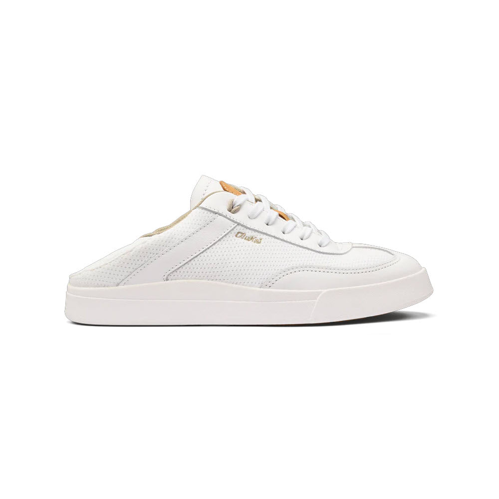 Olukai white low-top court sneaker with perforated details and a tan accent on the back, displayed on a plain white background.