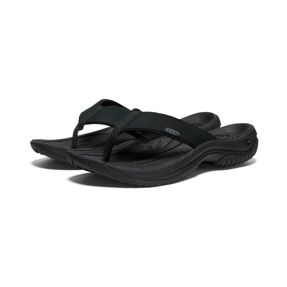 A pair of black waterproof leather Keen Kona Flip TG sandals positioned against a white background.