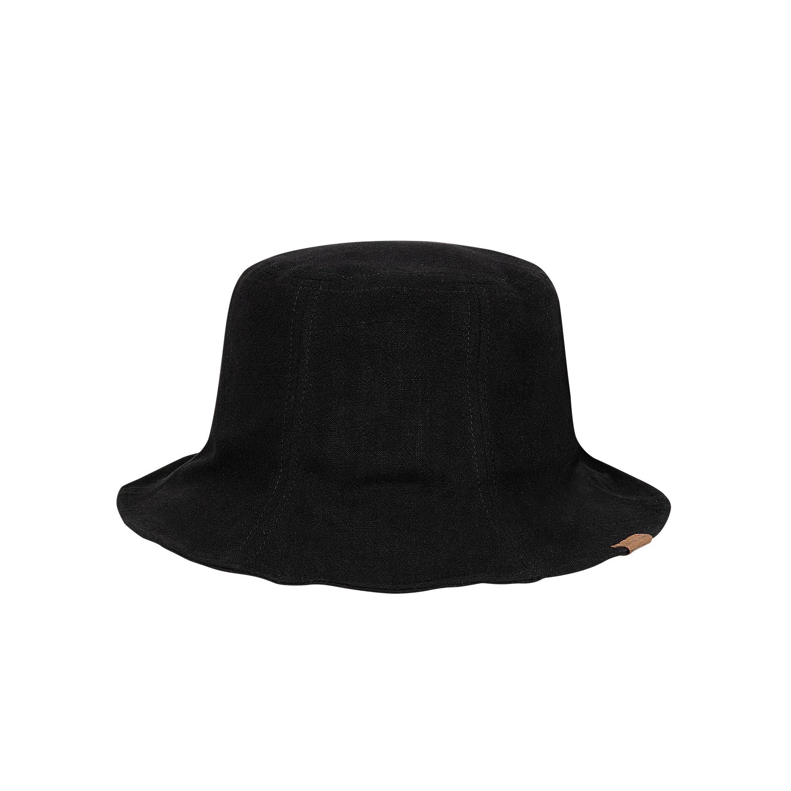 Kooringal Keppel Bucket Black hat with a slight brim and cotton lining, featuring a small logo tag on the side, isolated on a white background.