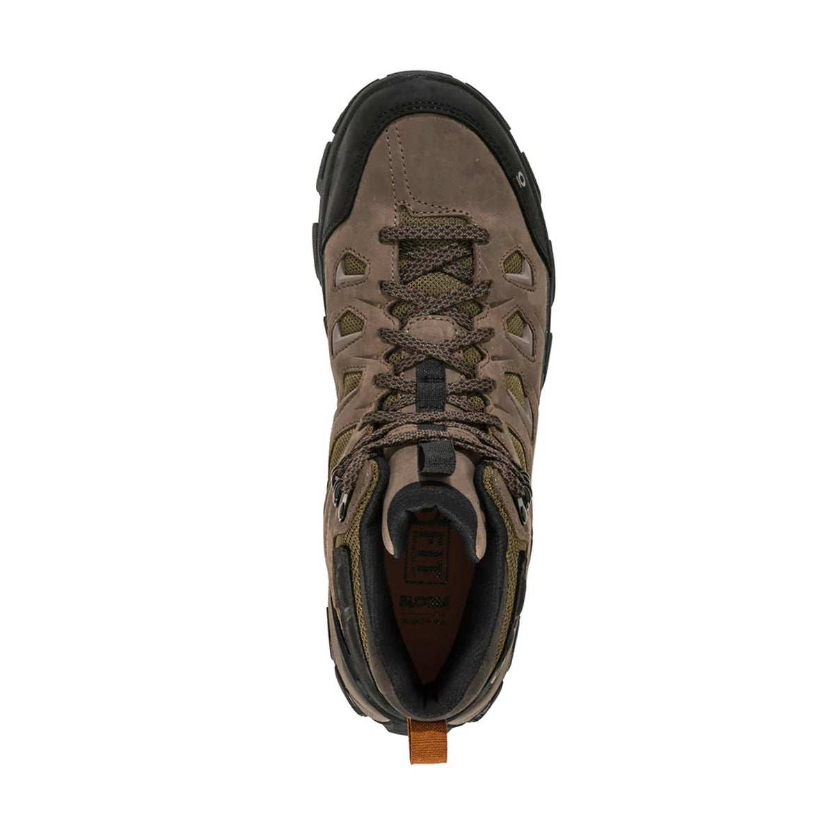 Top view of a brown Oboz Sawtooth X Mid Rockfall hiking shoe with laces and rugged sole design featuring B-DRY waterproof technology on a white background.